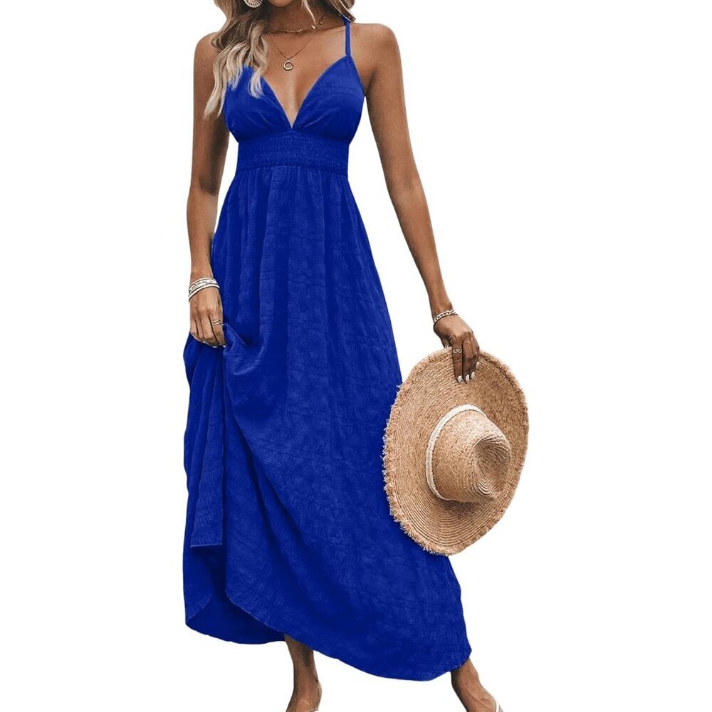 Women's Boho Summer Maxi Dress V Neck Spaghetti Strap A Line Flowy Beach